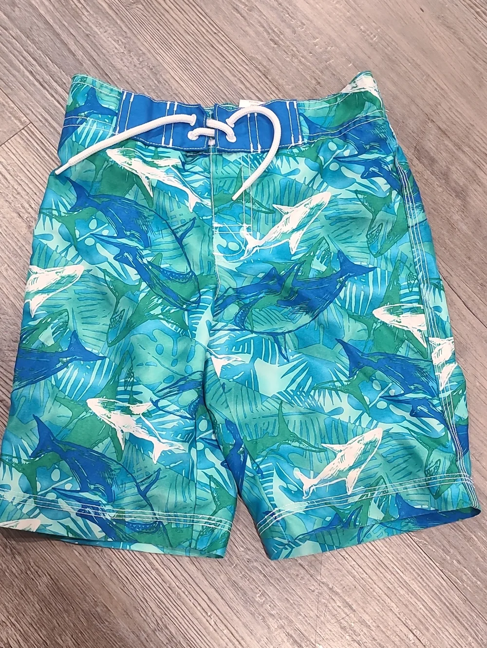 Blue Surfboard Rash Guard & Tropical  Shark Swim Trunk Sizen5/6